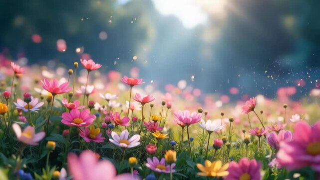 Vibrant pollen flower field with daisies and colorful blooms under soft sunlight.