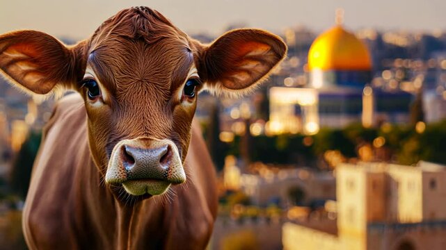 a young red Heifer looking at camera with Israel cityscape background	
