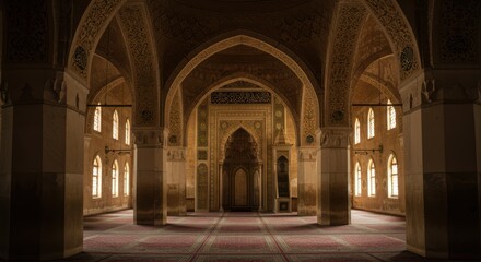 Obraz premium Exploring Grand Mosque Interior with Intricate Arches and Detailed Ornamentation