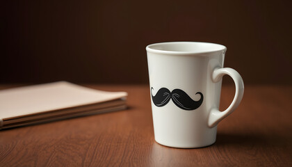 Cup with mustache on table on brown background, professional photography. White tone