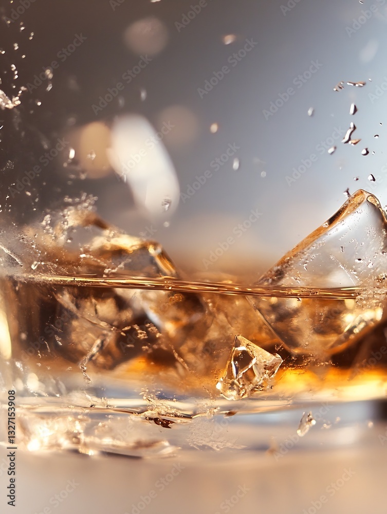 Aufkleber Highspeed capture of ice cubes splashing into a glass of whiskey creating mesmerizing droplets and ripples : Generative AI