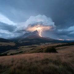 Fototapeta premium Lightning strikes mountain peak, dramatic sunset, valley landscape, nature photography