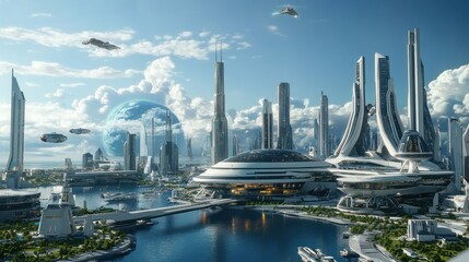 Visionary Metropolis: A Futuristic Spaceport Cityscape with Earth Orbiting Above