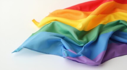 Close-up of a rainbow flag with soft folds and vivid colors on a plain white background, ideal for minimalistic designs.