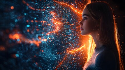 Futuristic Office Worker Interacting with Glowing Holographic Interface Displaying Real Time Data Streams and Graphs