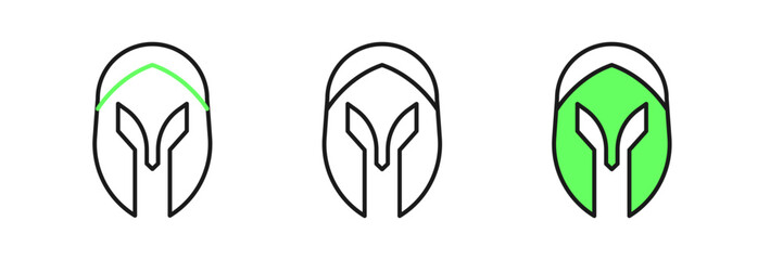 Set line Medieval iron helmet for head protection icon isolated on white background. Knight helmet. Vector