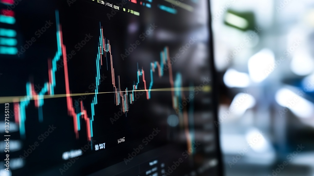 Poster Detailed view of a stock market graph on a computer screen showing financial data and trends for investment : Generative AI