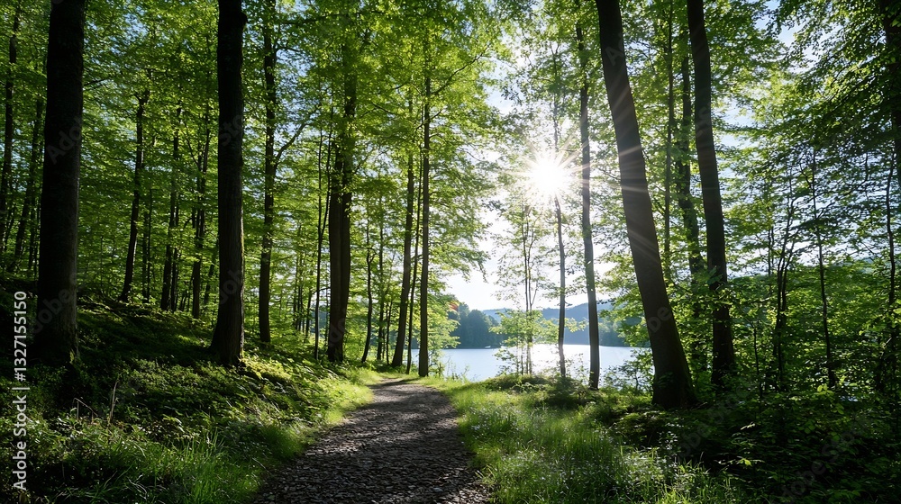 Aufkleber sunlight filtering through lush green trees along a tranquil path by a serene lake : generative ai