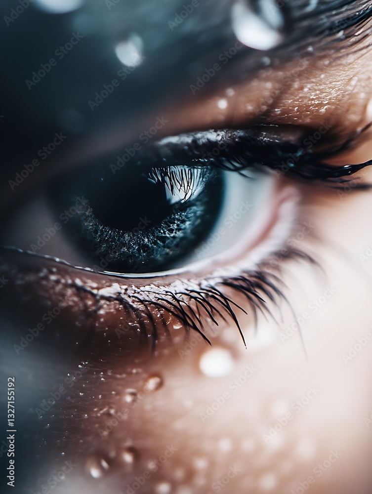 Poster Closeup view of a human eye with tears reflecting light showcasing emotion and depth : Generative AI