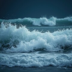 Close-up of stormy ocean foam and whitecaps against a dark blue background, raw and untamed energy.