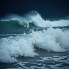 Close-up of stormy ocean foam and whitecaps against a dark blue background, raw and untamed energy.