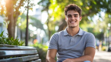 Obraz premium A young man in casual clothing, featuring a polo shirt and jeans, sitting on a bench in a city park enjoying the day.
