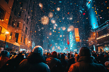 Dreamy Winter Night with a Person Admiring Sparkling Fireworks in Festive Holiday Atmosphere, Generative AI