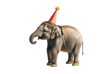 Young elephant wearing a party hat for celebration
