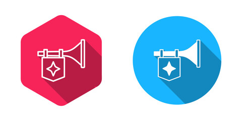 Filled and outline Trumpet with flag icon isolated with long shadow background. Musical instrument trumpet. Vector