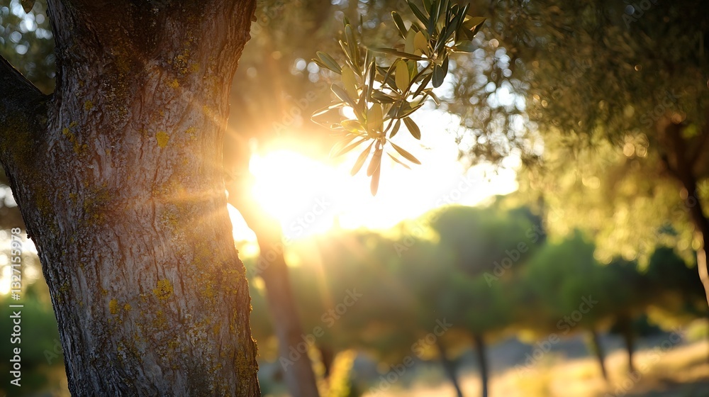 Aufkleber Golden sunlight filtering through olive tree branches creating a serene nature scene : Generative AI