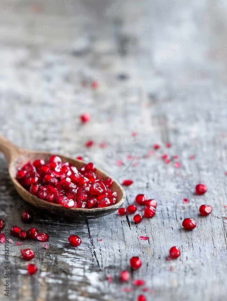 Poster fresh red berries in a wooden spoon on a rustic wooden surface with scattered berries : generative a
