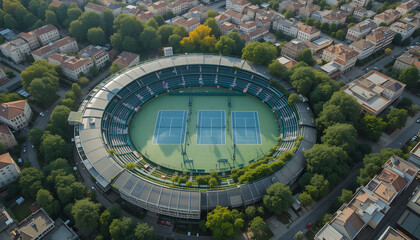 Aerial view of the old town in Warsaw Poland, aerial view of the city of plague stadium seats in the field, football stadium with a blue sky, empty stadium seats with chairs and light, 32k Resolution