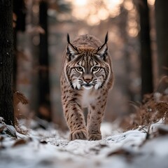 Naklejka premium Lynx stalking snowy forest path, sunset