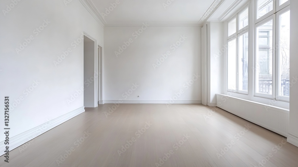 Fototapete Empty and minimalistic room with large windows and bright natural light creating a calm atmosphere : Generative AI