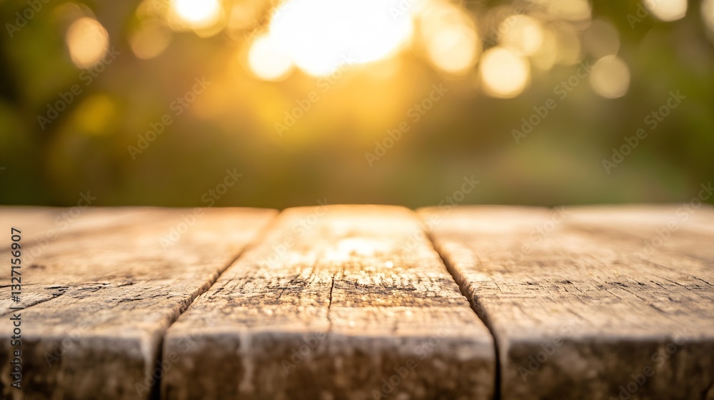 Aufkleber Close up view of a rustic wooden table surface illuminated by warm sunlight creating a serene atmosphere : Generative AI