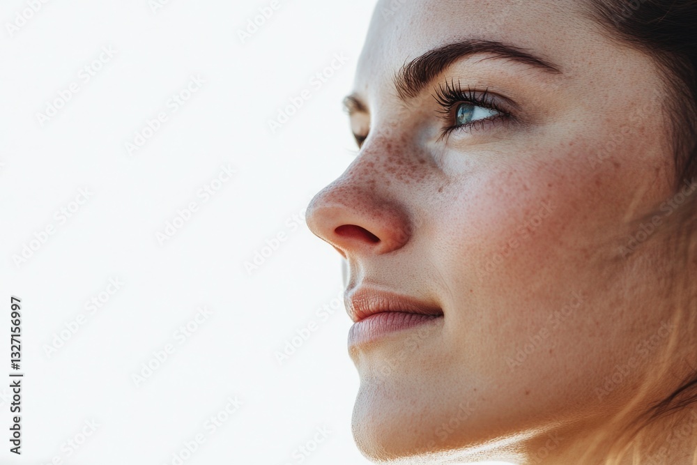 Poster close-up portrait of a woman with distinctive freckles on her face, suitable for personal or editori