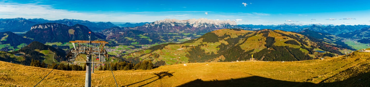 High resolution stitched alpine autumn or indian summer panorama at Mount Hohe Salve, Soell, Kufstein, Tyrol, Austria
