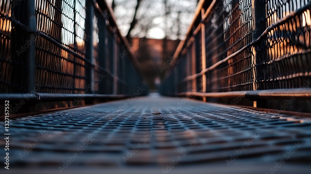 Poster Closeup view of a modern suspension bridge walkway with metal mesh and sunlight filtering through trees : Generative AI