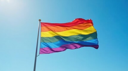 Vibrant rainbow flag waving against a clear blue sky, symbolizing pride and diversity.