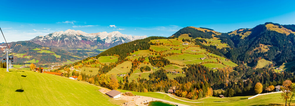 High resolution stitched alpine autumn or indian summer panorama at Mount Hohe Salve, Soell, Kufstein, Tyrol, Austria