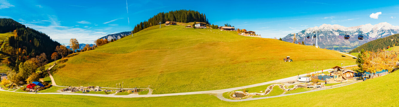 High resolution stitched alpine autumn or indian summer panorama at Mount Hohe Salve, Soell, Kufstein, Tyrol, Austria