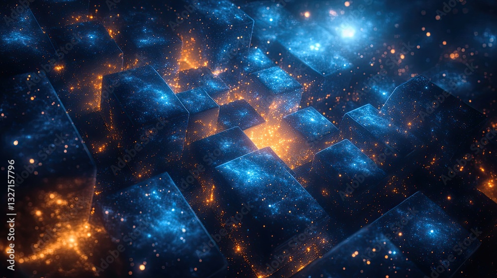 Poster abstract cubes in space - digital art - sci-fi background - possible use wallpaper, design, website