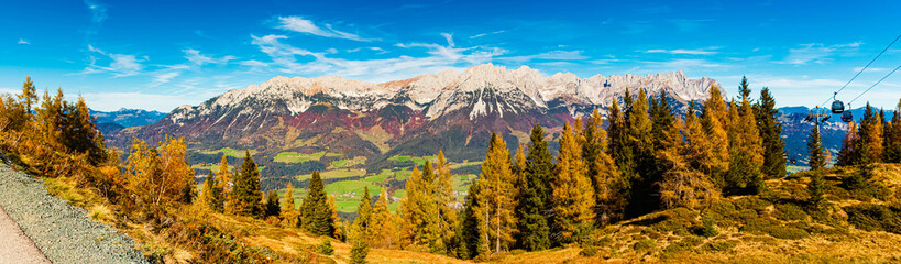 High resolution stitched alpine autumn or indian summer panorama at Mount Hartkaiser, Ellmau,...