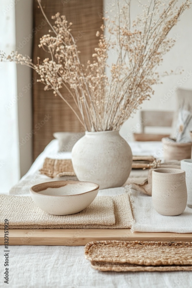 Poster a still life composition featuring a vase with dried flowers and a plate of crackers