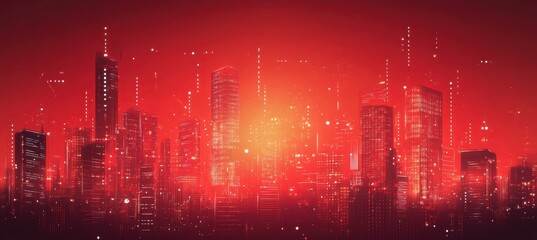Fototapeta premium Red background, futuristic cityscape silhouettes, glowing lights, tech-inspired design, creating an advanced, high-energy urban environment,