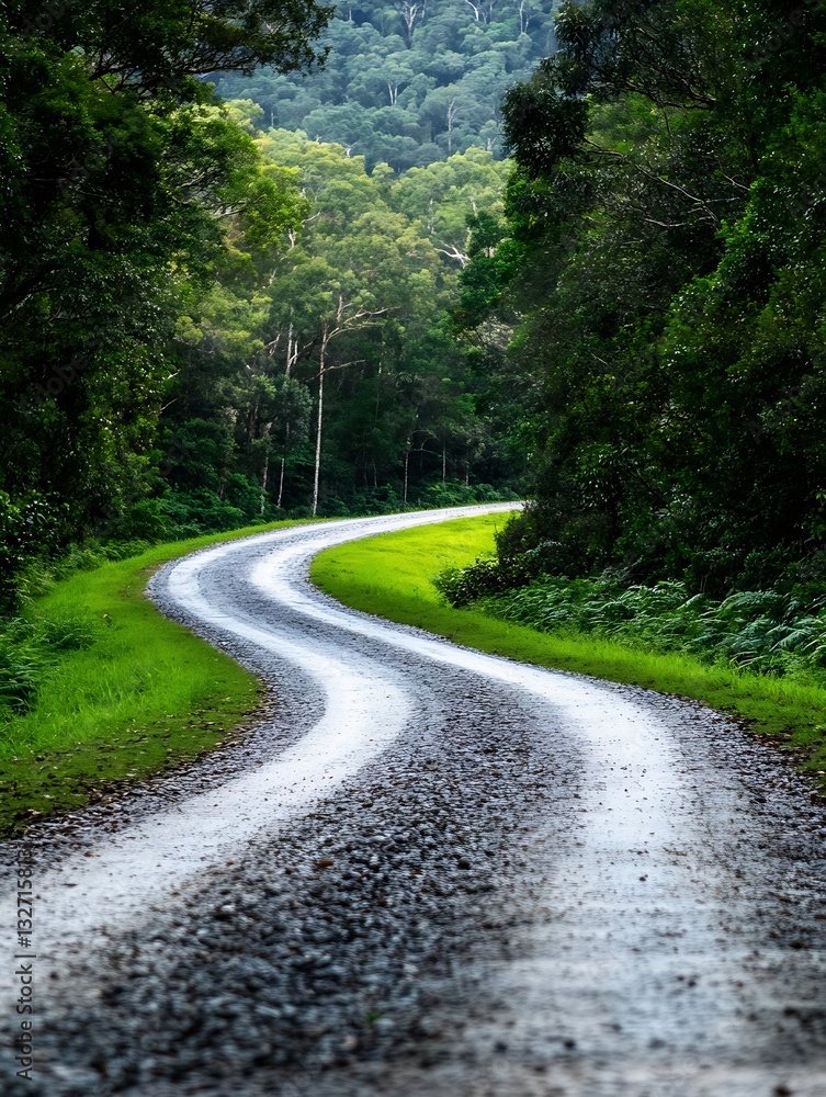 Poster winding dirt road through lush greenery surrounded by tall trees in a tranquil setting : generative 