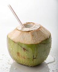 Refreshing Young Green Coconut with Straw Tropical Drink Summer Beverage