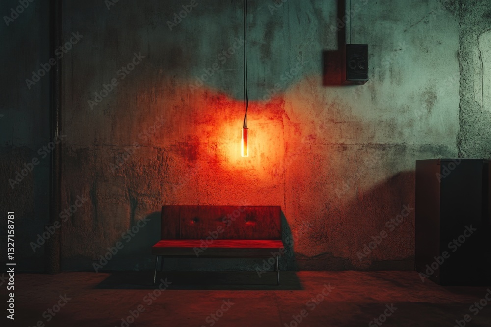 Poster a single red light shines on a bench in a dimly lit room