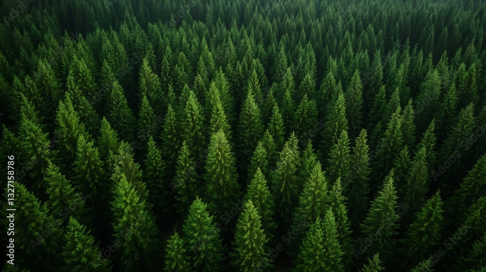 Poster aerial view of a dense forest showcasing lush green pine trees in perfect harmony : generative ai