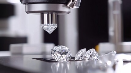A close-up of a diamond being analyzed for imperfections on a white background