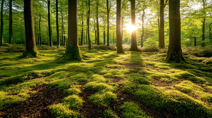 Obraz premium Serene forest sunrise woodland landscape photography tranquil environment nature