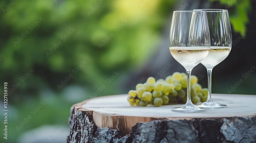 Poster elegant white wine glasses set on a rustic wooden table with grapes in garden : generative ai