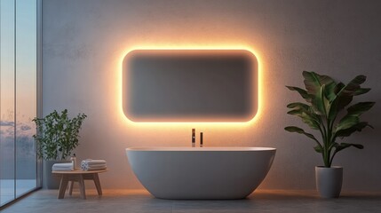 Ambient lighting around a minimalist mirror, controlled by voice, adding warmth to the clean, white bathroom.