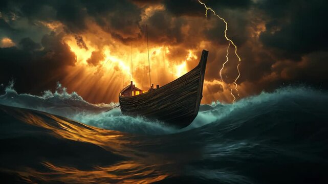 burning boat sailing on raging sea under stormy sky