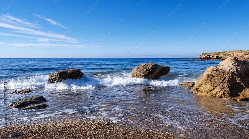 Poster stunning ocean view with clear blue skies and gentle waves lapping against sandy shore rocks : gener