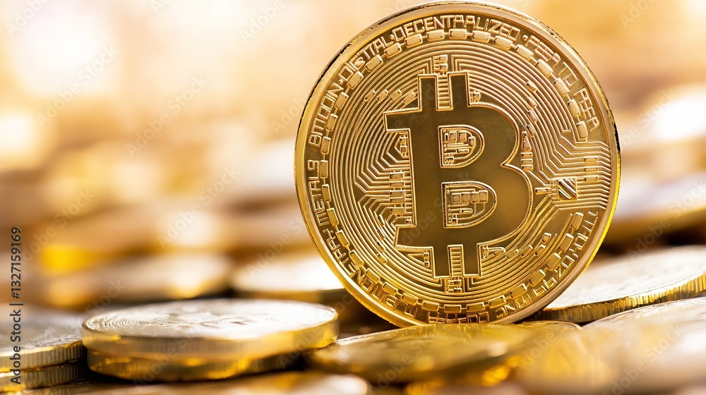 Leinwandbilder stunning close up of a shiny gold bitcoin resting on a pile of coins symbolizing cryptocurrency weal