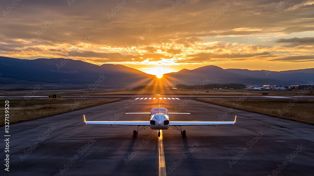 Poster Sunset View of Small Airplane on Airstrip with Mountains in the Background : Generative AI