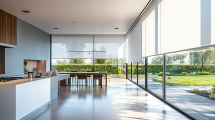 In a spacious minimalist kitchen with large windows and bright natural light, voice-controlled blinds.
