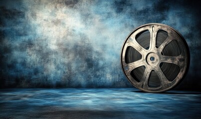 Obraz premium Vintage film reel on grunge blue backdrop, ideal for cinema projects