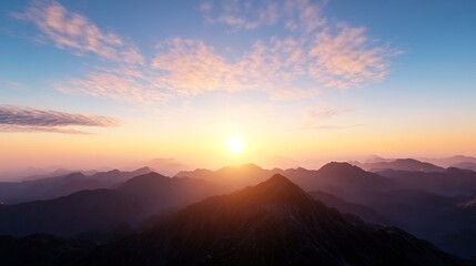 Fototapeta premium Stunning mountain sunset view with golden sun rays illuminating the rugged peaks : Generative AI